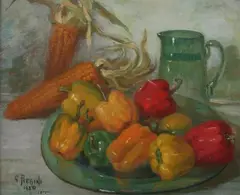 G. Pierini, Still Life with Bell Peppers and Dried Corn, Oil on board