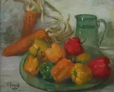 G. Pierini, Still Life with Bell Peppers and Dried Corn, Oil on board