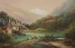Sheep on Path by Milton Drinkwater, Watercolor, sold Nov 2011