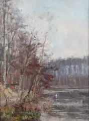 R. Constant, Swan on Pond in Winter, SWAN ON POND IN WINTER, oil on canvas