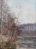 R. Constant, Swan on Pond in Winter, SWAN ON POND IN WINTER, oil on canvas