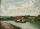 Barge on River by Continental School, Oil on panel, offered Nov 2011