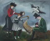 Peggy Williams Dodds, Figures with Crane, Oil on canvas