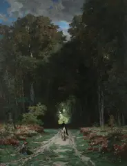 Jules Laurens, Equestrienne on Wooded Lane, Oil on canvas