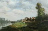 Louis-Lucien D'Eaubonne, Boathouses Along River, Oil on canvas
