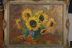 American School, Sunflowers in Blue Vase, Oil on canvas