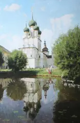 Sergei Sokolov, Figures Outside of a Church, Oil on canvas