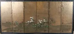 Untitled by Anonymous, FLOWERS, ink and color on gold leaf paper, six fold screen, sold Feb 2012