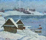 Russian School, Winter Village by the Water