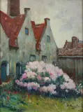 A. Haeghebaert, Farmhouse with Pink Peonies, Oil on panel