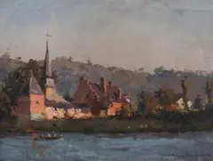 Riverscene with Church by George Lambillotte, Oil on canvas, sold Feb 2012