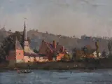 George Lambillotte, Riverscene with Church, Oil on canvas