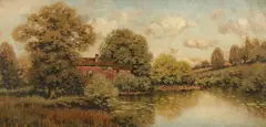 C. T. Randell, Country House on Pond, Oil on canvas