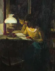August Roller, Girl Reading by Mirror, GIRL READING BY MIRROR, oil on panel