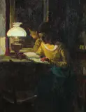 August Roller, Girl Reading by Mirror, GIRL READING BY MIRROR, oil on panel