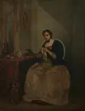 Aline de Senezcort, Woman Sewing, Oil on panel