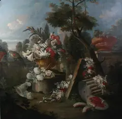 Francesco Lavagna, Floral and Fruit Still Life in Extensive Landscape, FLORAL AND FRUIT STILL LIFE IN EXTENSIVE LANDSCAPE, oil on canvas