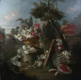Francesco Lavagna, Floral and Fruit Still Life in Extensive Landscape, FLORAL AND FRUIT STILL LIFE IN EXTENSIVE LANDSCAPE, oil on canvas