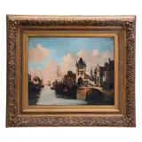 Firmado E. von Goosen, Vista de puerto de Amberes, Óleo sobre tela