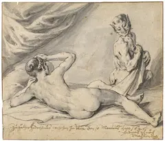 Andreas Schuch, <br />Satyr überrascht eine schlafende Nymphe, Aquarellierte Tuschfederzeichnung auf Papier