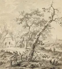 Holländische Landschaft mit Bauernhaus und Reisigsammlerin by Pieter Barbiers d.Ä., Aquarellierte Tuschzeichnung auf Papier, sold Nov 2020