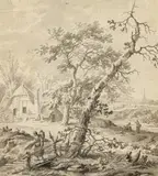 Pieter Barbiers d.Ä., Holländische Landschaft mit Bauernhaus und Reisigsammlerin, Aquarellierte Tuschzeichnung auf Papier