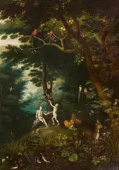 Jan d.J. Brueghel, Adam und Eva im Paradies mit den verbotenen Früchten, Öl auf Kupfer