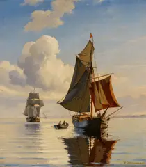 Carl Neumann, Segler auf ruhiger See vor der Küste, Öl auf Leinwand