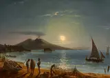 Gustaf Wilhelm Palm, Die Bucht von Neapel mit dem Vesuv im Schein des Vollmonds, Öl auf Holz