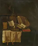 Pseudo-Roestraten, Vanitas-Stillleben mit Globus, Laute, einer Korbflasche, Büchern und einem Manuskript, Öl auf Leinwand