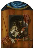 Franciscus Gijsbrechts, Trompe-l'oeil eines Vanitas-Stilllebens mit Uhr und Totenschädel auf einem Regal an einer Wand, daneben Malutensilien, Öl auf Leinwand