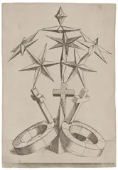 Mathis Zündt, Perspektivische Studie mit sieben Sternen über drei auf Ringen ruhenden Kreuzen, 1567, Kupferstich auf Papier