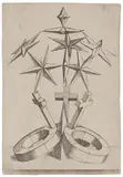 Mathis Zündt, Perspektivische Studie mit sieben Sternen über drei auf Ringen ruhenden Kreuzen, 1567, Kupferstich auf Papier