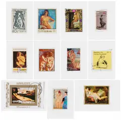Hans-Peter Feldmann, Briefmarken von Gemälden, 2005, Jeweils: Briefmarke auf Rückkarton in Passepartout