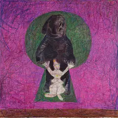 Tal R, "Elephant behind clown through keyhole", 2009, Hasenleim, Pigment und Wachskreide auf Leinwand