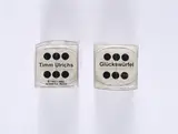 Timm Ulrichs, 2 Glückswürfel/ Dé de la Fortune / Dice of Fortune, 1965/2002, Jeweils Holz, weiß lackiert, mit sechs Augen auf allen Seiten, in 3-sprachig bedruckter Klarsichtfaltschachtel