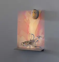 Tony Oursler, Medium Combustion, 2000, Videoprojektion auf Glasteufel, Wandelement und -ablage