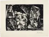Pablo Picasso, Minotaure aveugle guidé par Marie-Thérèse au pigeon dans une nuit étoilée (Blind Minotaur Guided Through a Starry Night by Marie-Thérèse with a Dove), plate 97, from La Suite Vollard, 1934, Sugar-lift aquatint, scraper, drypoint and engraving, on Montval laid paper watermarked Vollard , with full margins (deckle on two sides), the fourth (final) state,