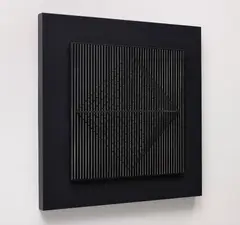 Plan espace (Space Plan) by Jean-Pierre Yvaral, 1967, Kinetic relief sculpture, with screenprint in white on a black metal panel, with elasticated string and metal support,, sold Jun 2016