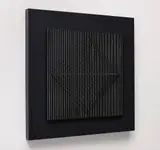 Jean-Pierre Yvaral, Plan espace (Space Plan), 1967, Kinetic relief sculpture, with screenprint in white on a black metal panel, with elasticated string and metal support,