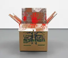 Untitled by Martin Kippenberger, 1991, Screenprint in colours, on Japan paper-lined cardboard packing case with collage of four hand-shaped mirrors to the inte, offered Jun 2016