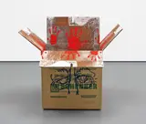 Martin Kippenberger, Untitled, 1991, Screenprint in colours, on Japan paper-lined cardboard packing case with collage of four hand-shaped mirrors to the interior of the case, perforations and further screenprint in blue to the exterior,