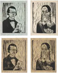 Grayson Perry, Mr and Mrs Perry; and Mr and Mrs Perry, 2005, Two pairs of linocuts, each on individually patterned papers (three with flocking), with full margins,