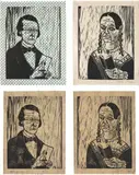 Grayson Perry, Mr and Mrs Perry; and Mr and Mrs Perry, 2005, Two pairs of linocuts, each on individually patterned papers (three with flocking), with full margins,