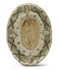 Grayson Perry, This crude charger was wrought on the 20th January for the serving of an aphrodisiac before the consummation of a godless orgy, 1984, Unique earthenware dish painted in colours with knife engraving, impressed stamping and glaze,