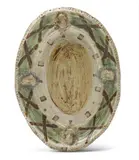 Grayson Perry, This crude charger was wrought on the 20th January for the serving of an aphrodisiac before the consummation of a godless orgy, 1984, Unique earthenware dish painted in colours with knife engraving, impressed stamping and glaze,