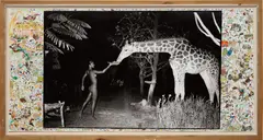 Peter Beard, Maureen and a late-night feeder, 2.00 am, Hog Ranch, 1987, Unique mural-sized work, comprised of a gelatin silver print with drawings in ink, watercolour and tempera paint by the Hog Ranch Art Department and paper ephemera collage, executed 2000 and in the original driftwood frame
