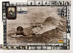 Peter Beard, I'll Write Whenever I Can, Koobi Fora, Lake Rudolf, Kenya, 1965, Toned gelatin silver print with ink, paint and blood, affixed gelatin silver prints, chromogenic prints, Polaroid and matchbox, printed later