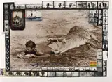 Peter Beard, I'll Write Whenever I Can, Koobi Fora, Lake Rudolf, Kenya, 1965, Toned gelatin silver print with ink, paint and blood, affixed gelatin silver prints, chromogenic prints, Polaroid and matchbox, printed later