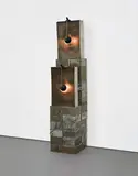 Christian Boltanski, Reliquaire, 1990, Mixed media installation comprised of two gelatin silver prints, two electric lamps and cables, two steel boxes with wire mesh and thirty-six tin boxes containing fabric